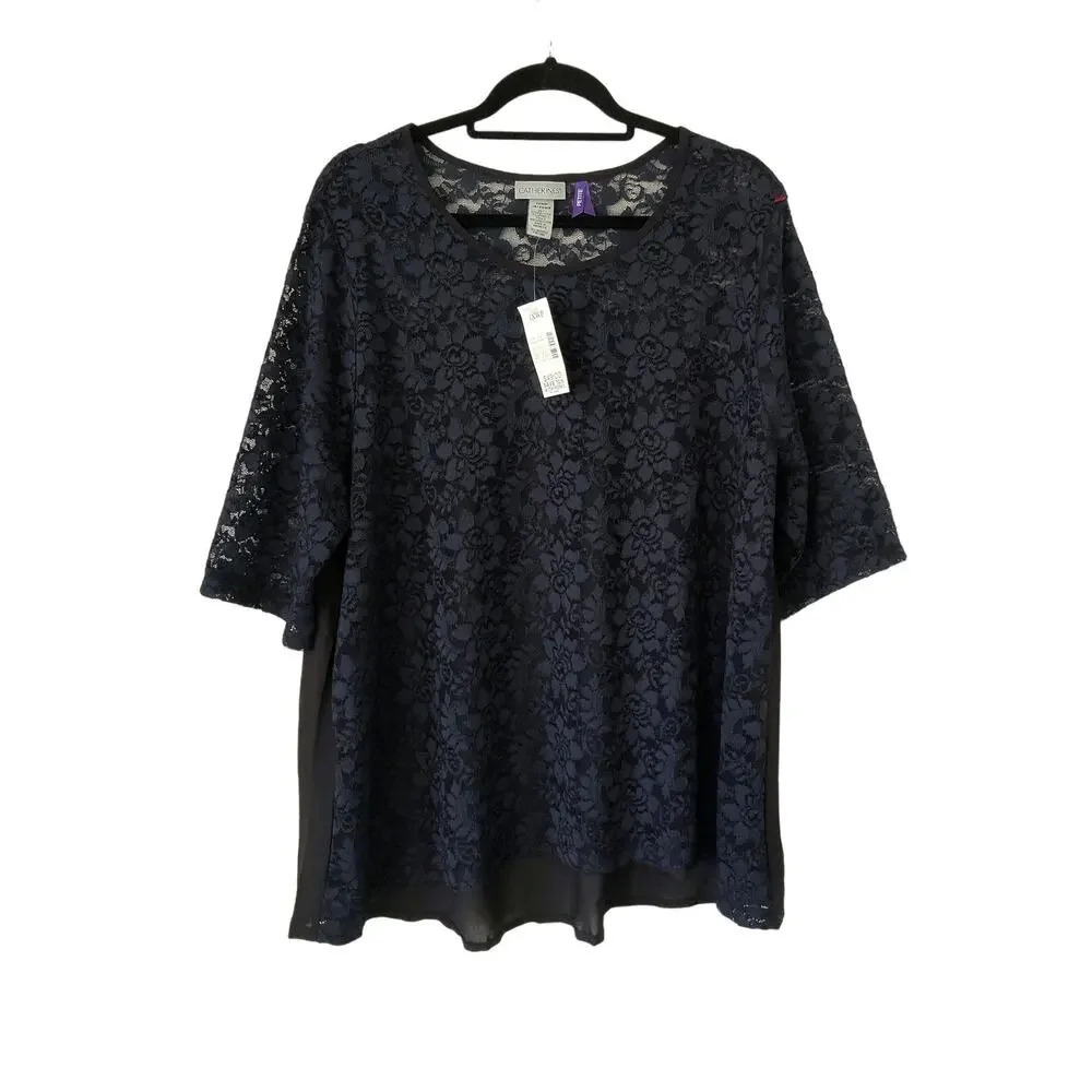 Catherines Floral Lace Sheer Blouse Short Sleeve Navy Boat Neck Sz 18-20W Petite